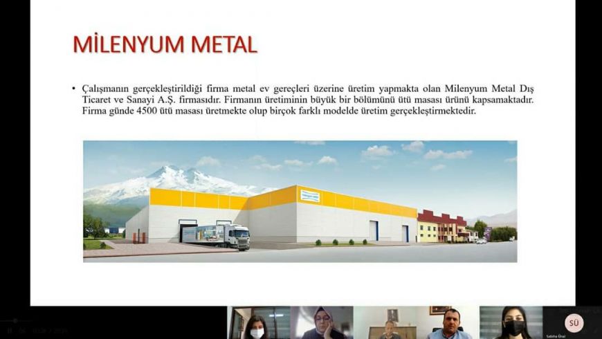 Bölümümüz öğrencilerinden Beyza BAKTIR, İşbaşı Eğitim Programı kapsamında Milenyum Metal' de yürütmüş olduğu projeleri Firma Danışmanı, Milenyum Metal Üretim Müdürü Dilek ERDEMİR, Akademik Danışmanı Dr. Öğr. Üyesi Oğuzhan Ahmet ARIK ve Nuh Naci Yazgan Üniversitesi Endüstri Mühendisliği Bölümü Öğretim Elemanlarına sunmuştur.