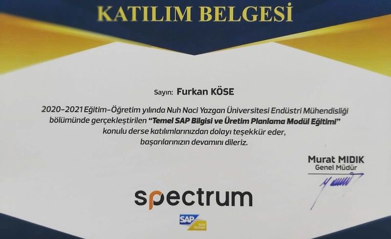 Endüstri Mühendislerini iş bulma süreçlerinde avantajlı konuma getirecek SAP-Kurumsal Kaynak Planlama eğitimini başarıyla tamamlayan öğrencilerimize Spectrum Bilişim tarafından düzenlenen katılım sertifikaları ulaştırılmıştır.